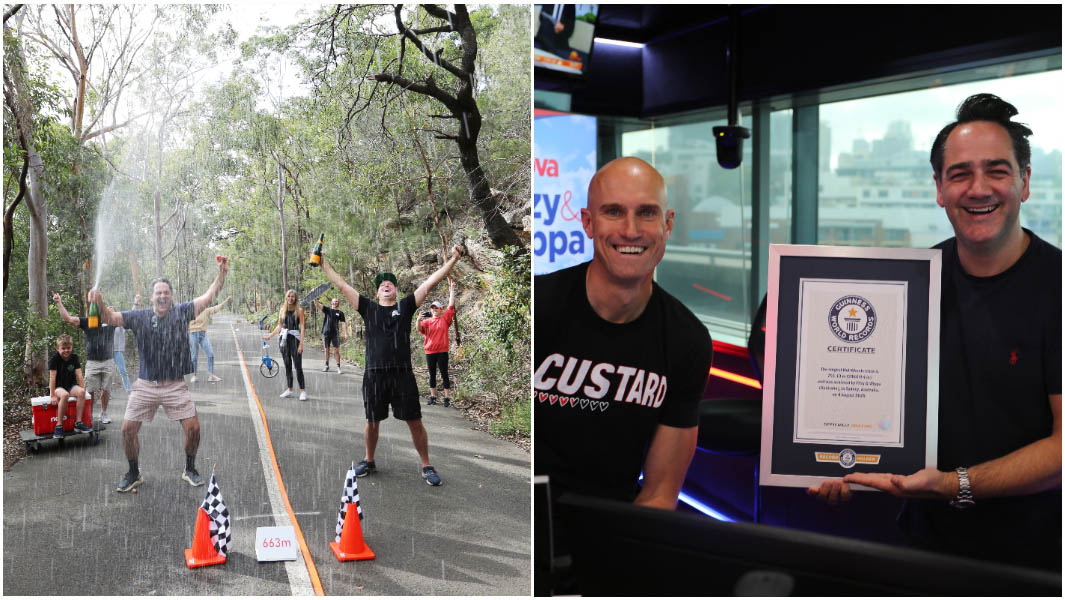 Split image of Fitzy and Wippa Celebrating Hot Wheel Record and them posing With Certificate