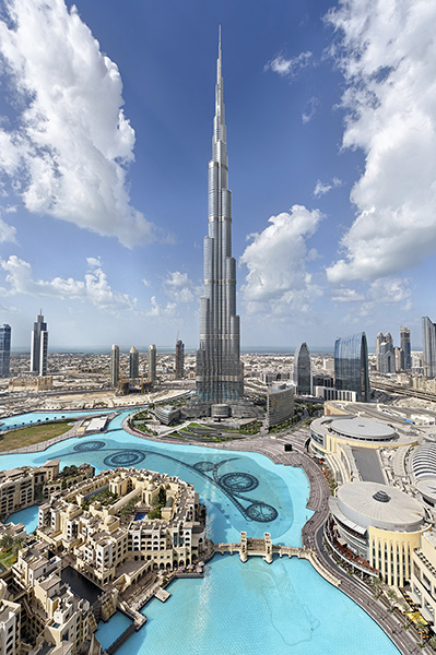 Burj Khalifa with blue sky behind it