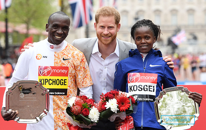 London Marathon 2019 winners Eliud Kipchoge and Brigid Kosgei with prince Harry.
