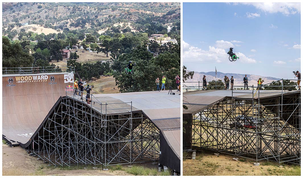 Aaron executing the longest wheelchair ramp jump, clearing almost the same length as a tennis court!