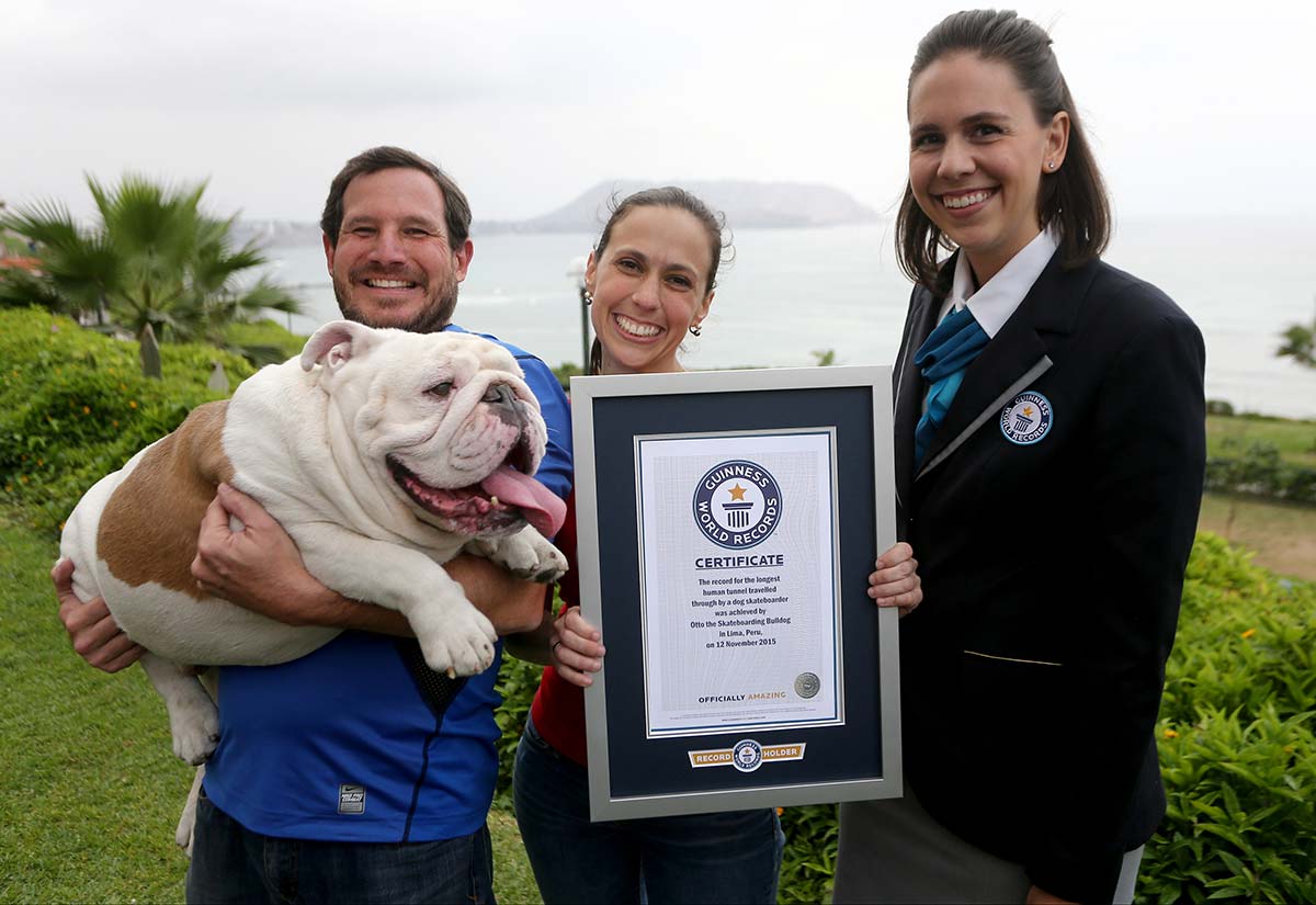 Otto with owners Luciana Viale and Robert Rickards holding their GWR certificate, next to an adjudicator