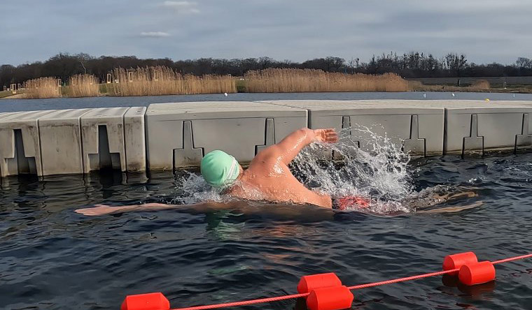 Gajewski swimming in icy water
